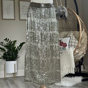 ASOS Design Beaded Fringe Midi Skirt Green w/ Sliver Beads & Sequins Size 4